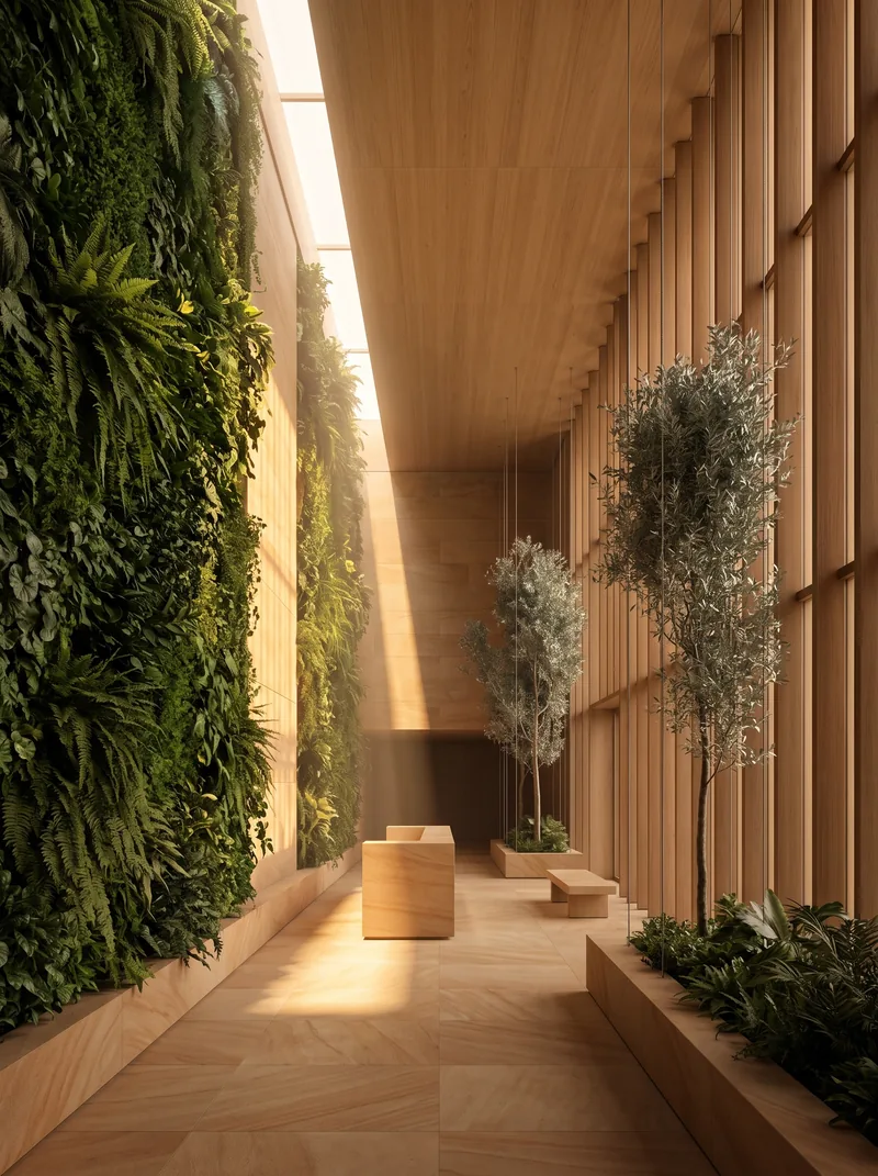 Double-height arrival hall with a living green wall, timber louvres and a shaft of golden light
