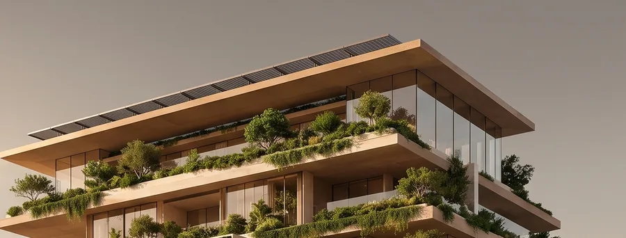 Solar canopy on the roof above a planted terrace