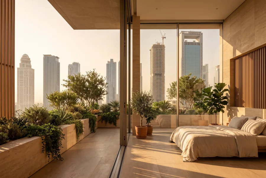 A suite with a timber headboard wall opening through glass onto a planted terrace, Dubai towers in the haze beyond