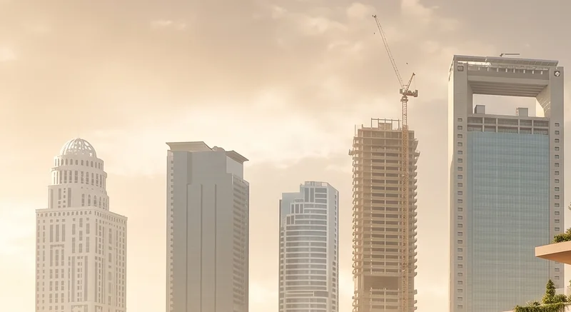 Dubai towers in golden haze, one still under construction with a crane