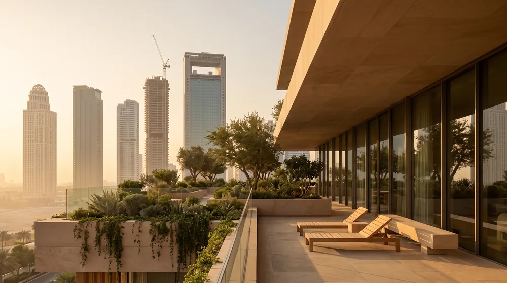 A planted upper terrace with timber loungers in the shade of ghaf trees, Dubai towers in the golden haze
