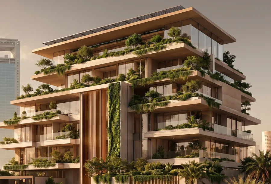 The stepped terraces of the hotel, each level planted with trees and shrubs, a green wall beside timber louvres